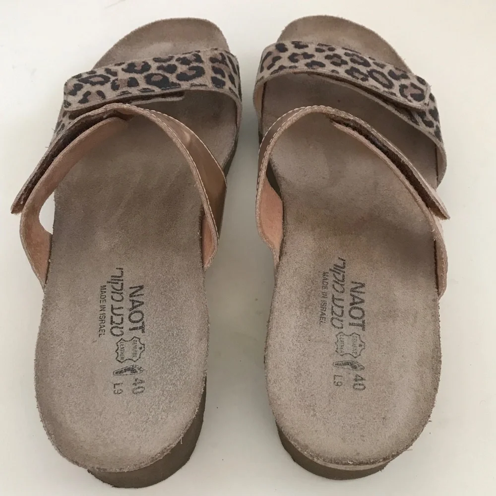 NAOT Leopard Print Sandal Leather Metallic Rose Gold Althea Women’s Size 9